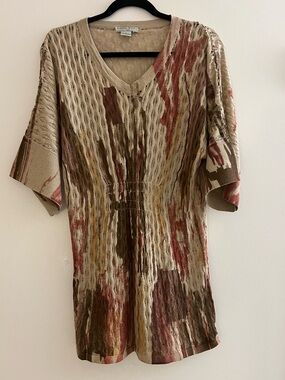 Alberto Makali Beige Tunic Dress with Earth Tone Brushstroke Print